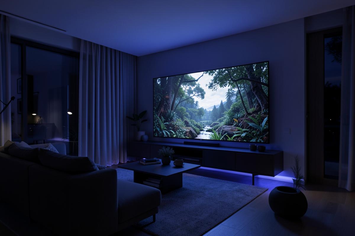A dark living room lit by a large television showing a nature documentary
